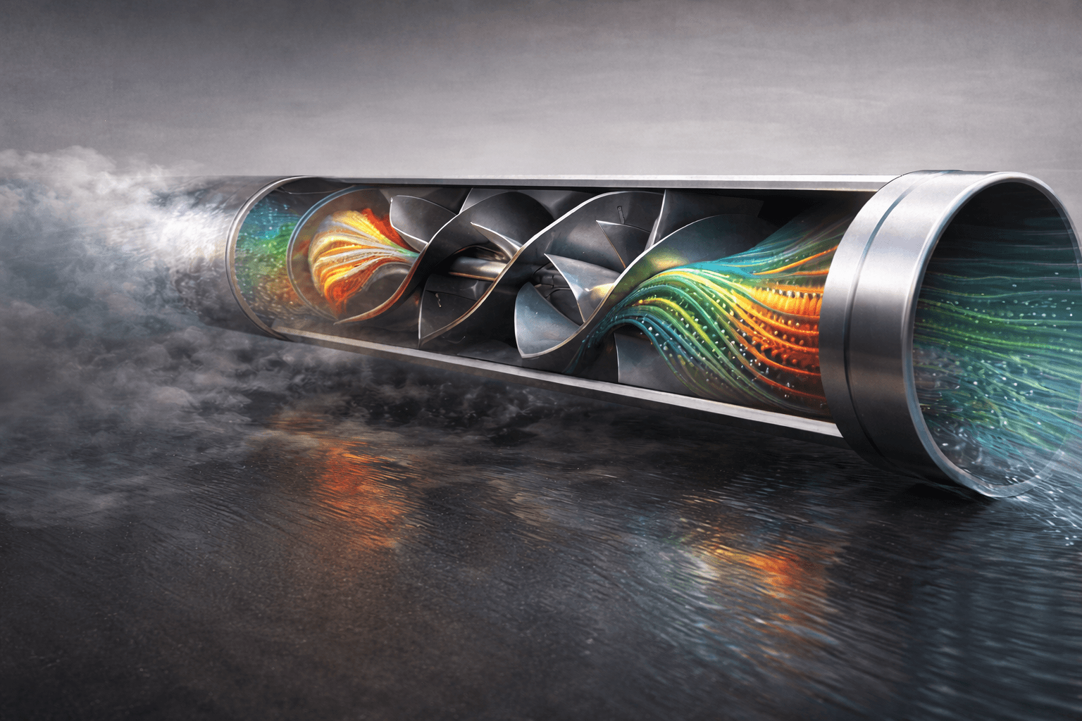 Industrial pipe with a static mixer showing flow mixing patterns.