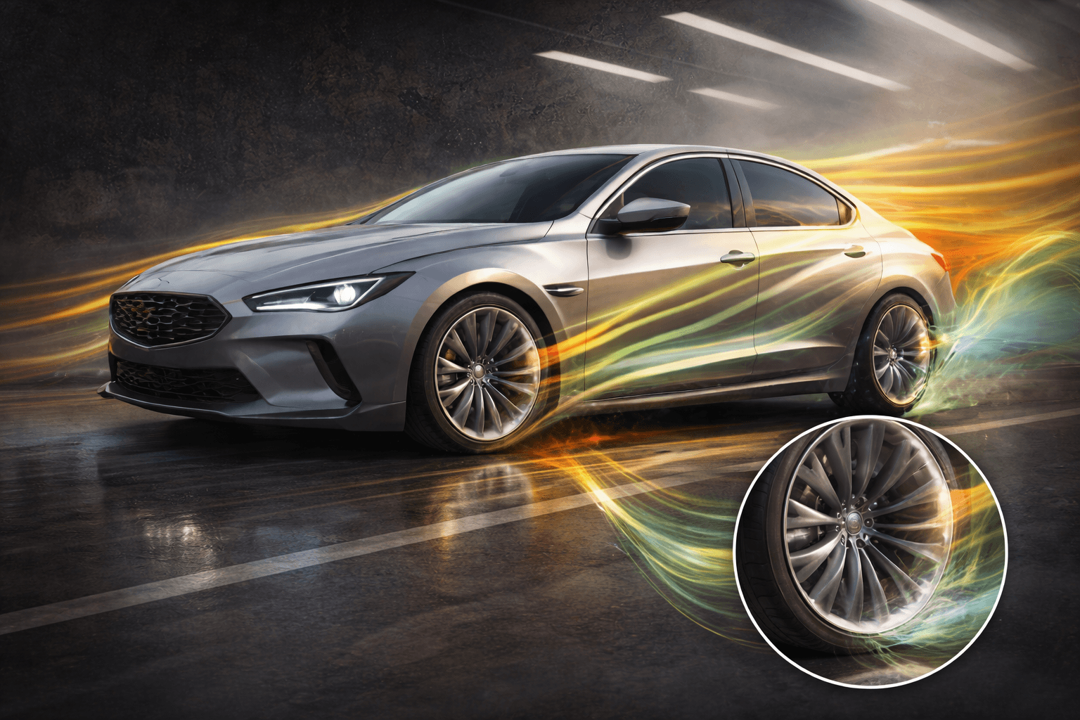 Automotive aerodynamics visualization showing flow around a vehicle and wheel region.